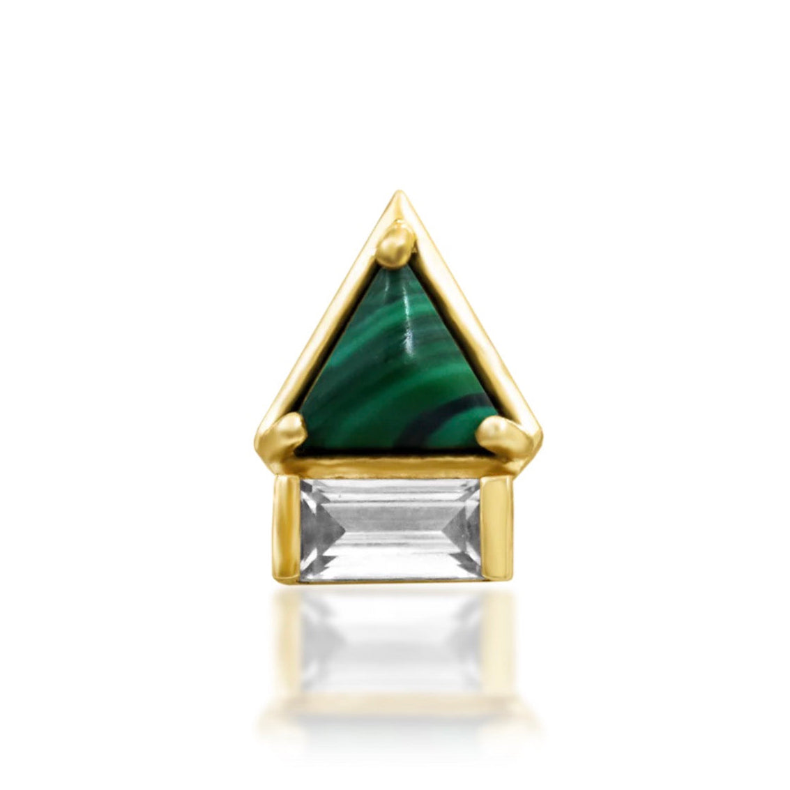 Malachite helix earring in solid 14k yellow gold with a triangular green gemstone and baguette-cut white CZ.