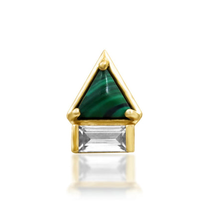 Malachite helix earring in solid 14k yellow gold with a triangular green gemstone and baguette-cut white CZ.