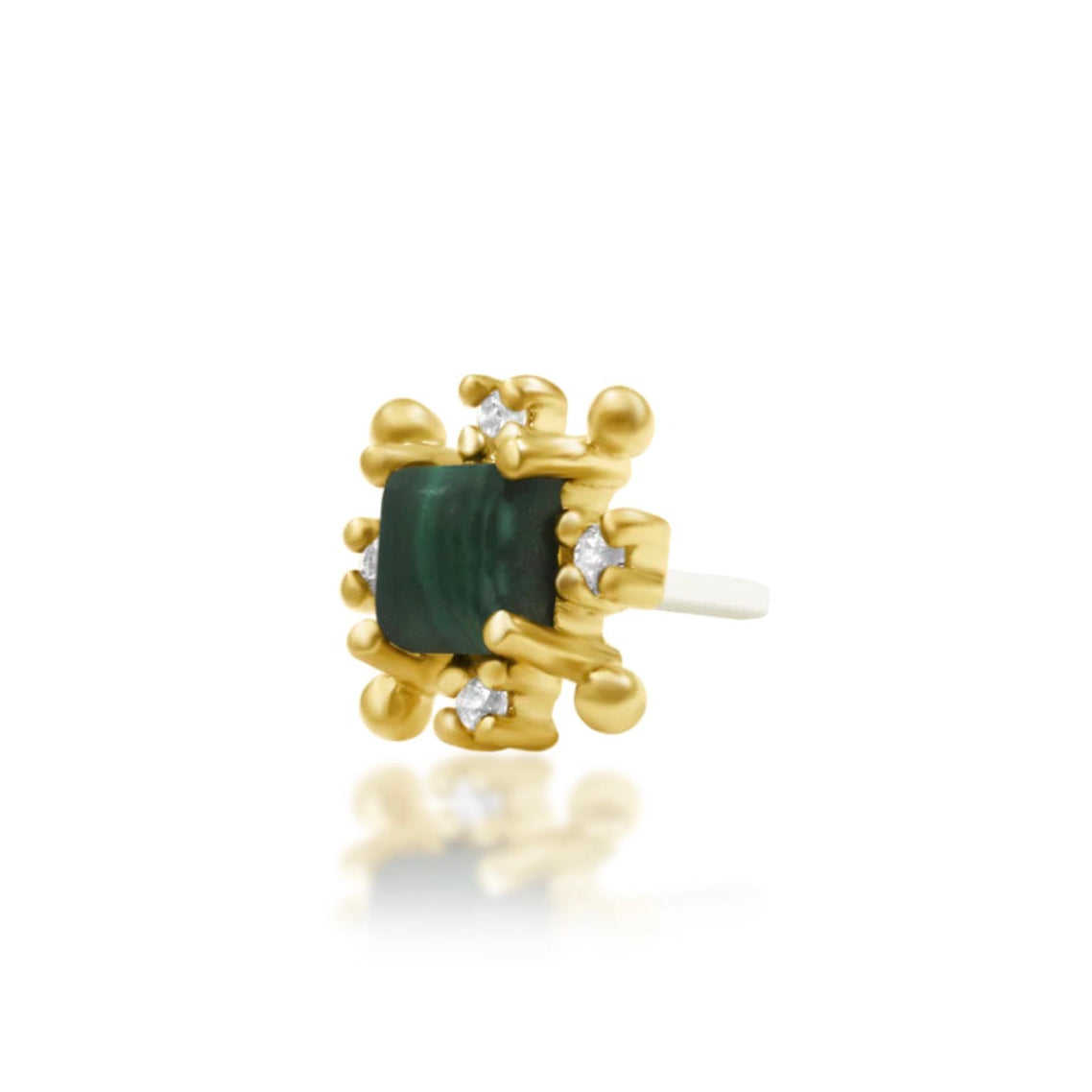 Malachite helix earring in yellow gold with a genuine green gemstone, gold beading and clear CZ detail.