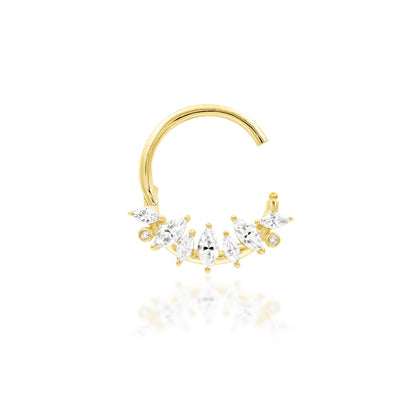 Marquise clicker ring in yellow gold with elegant clear cubic zirconia.