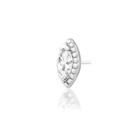 White gold conch jewellery featuring an elongated marquise cubic zirconia within a polished beaded frame