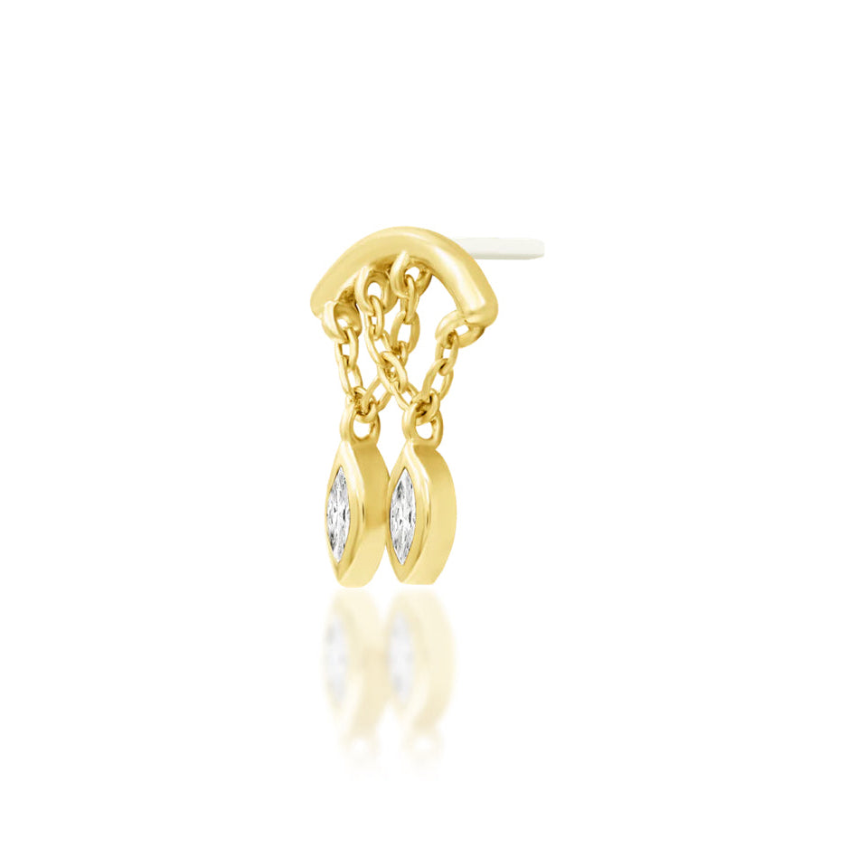 Marquise CZ cartilage earring end in yellow gold, featuring two clear stones beneath a curved gold top.