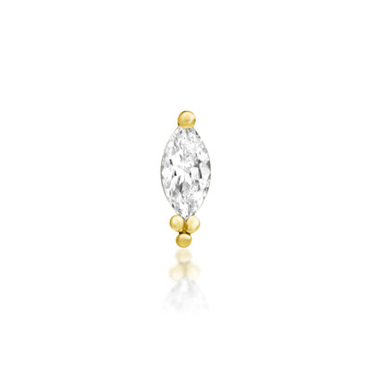 Marquise CZ cartilage earring in solid 14k yellow gold, featuring the elongated clear stone and three gold beads of Junipurr Verda.