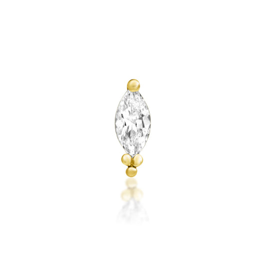 Marquise CZ cartilage earring in solid 14k yellow gold, featuring the elongated clear stone and three gold beads of Junipurr Verda.