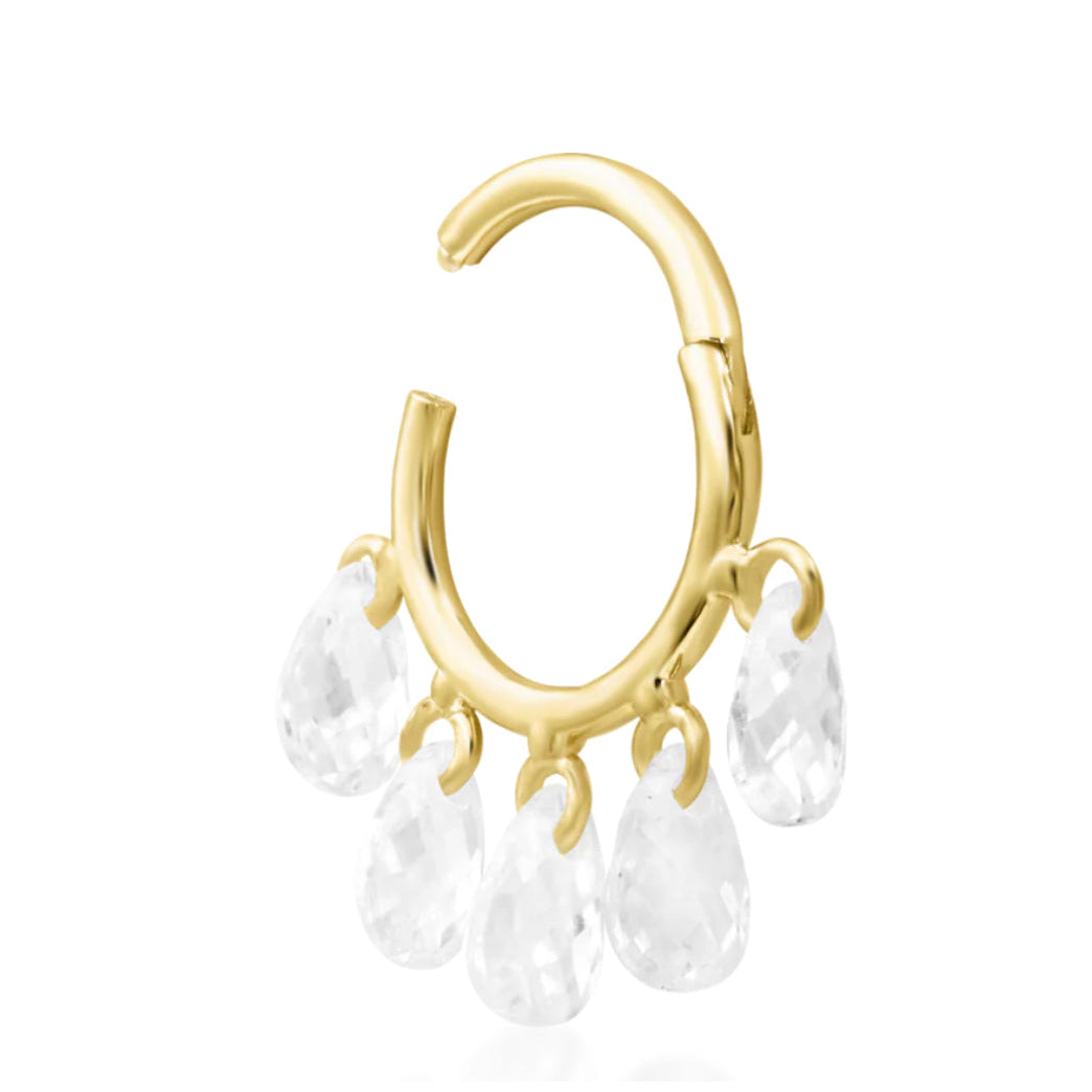 Marquise CZ clicker ring in solid yellow gold with five elongated white cubic zirconia.