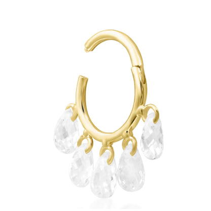 Marquise CZ clicker ring in solid yellow gold with five elongated white cubic zirconia.
