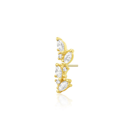 Marquise CZ ear climber in yellow gold with seven clear gemstones arranged through an elongated curved design.