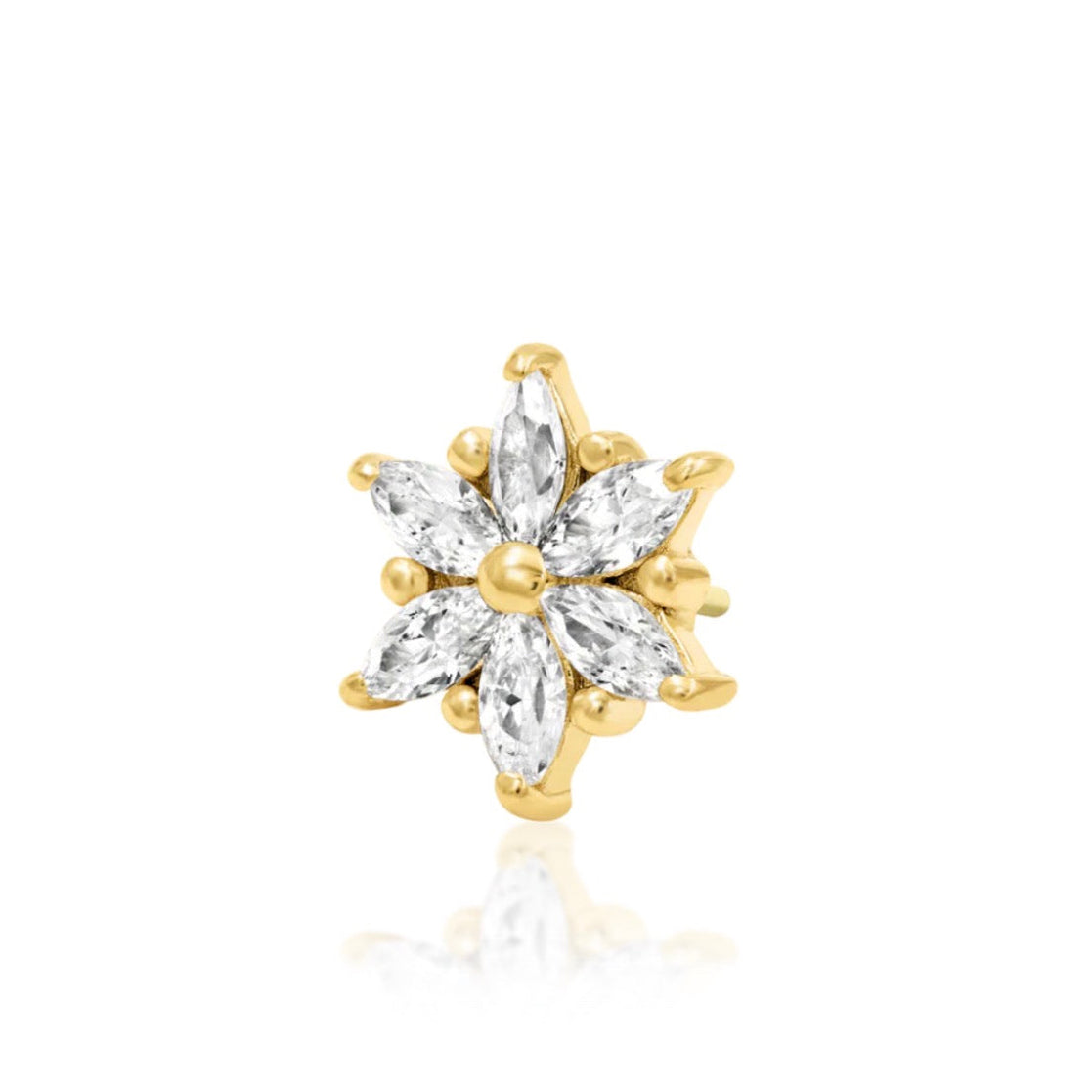 Marquise CZ earring in yellow gold with six elongated gemstones arranged into a floral cluster.