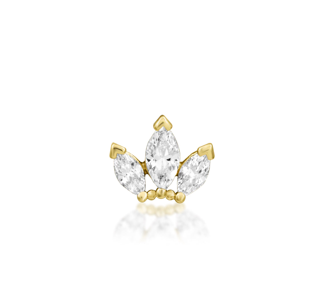 Junipurr Beaded Fan flat earring in solid 14k yellow gold with three marquise white CZ stones
