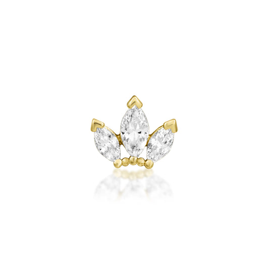 Junipurr Beaded Fan flat earring in solid 14k yellow gold with three marquise white CZ stones
