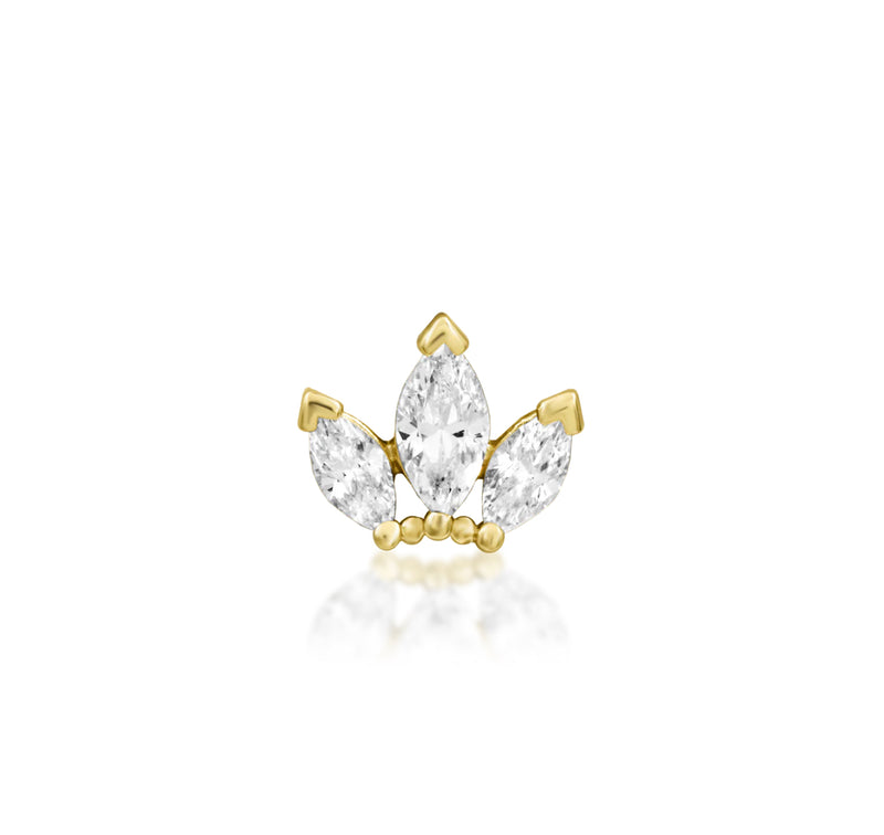 Junipurr Beaded Fan flat earring in solid 14k yellow gold with three marquise white CZ stones
