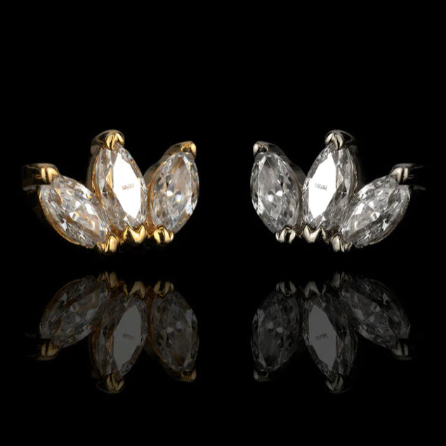 Junipurr Triple Marquise Fan helix earring in yellow gold with three marquise-cut White CZ stones