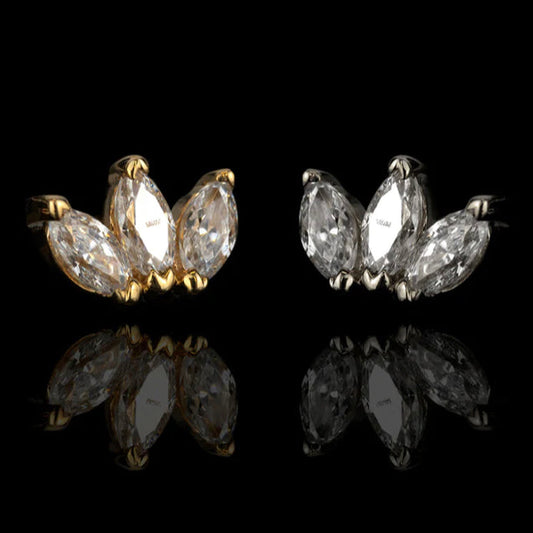 Junipurr Triple Marquise Fan helix earring in yellow gold with three marquise-cut White CZ stones