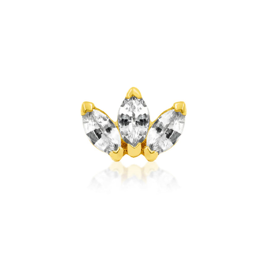 Junipurr Triple Marquise Fan helix earring in yellow gold with three marquise-cut White CZ stones
