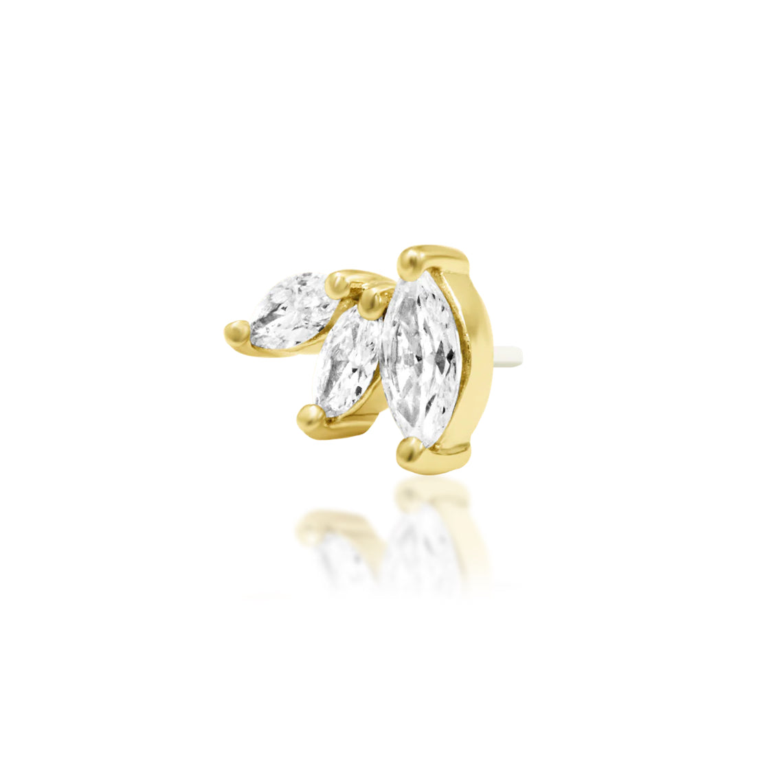 Marquise diamond cartilage earring in yellow gold with three lab-grown diamonds and polished bead detailing.