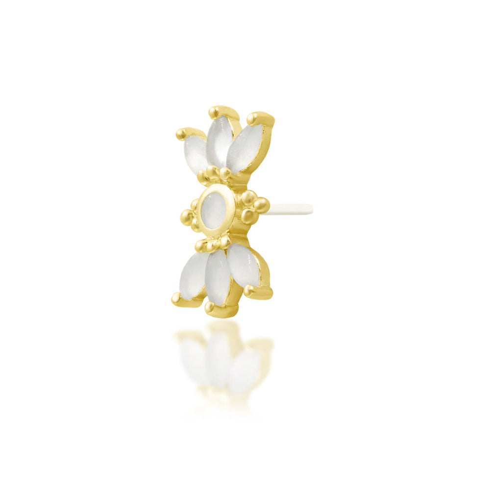 Angled yellow gold cartilage earring with six marquise moonstones and delicate bead details
