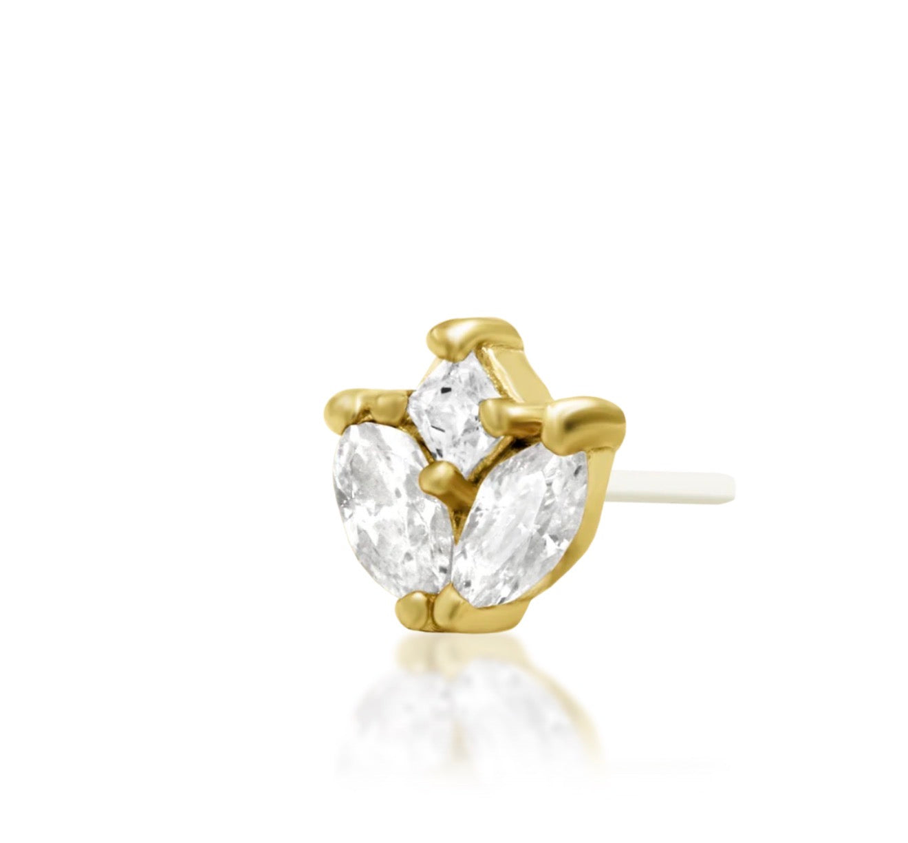 Yellow gold cartilage earring featuring marquise-cut White CZ petals around a princess-cut centre stone