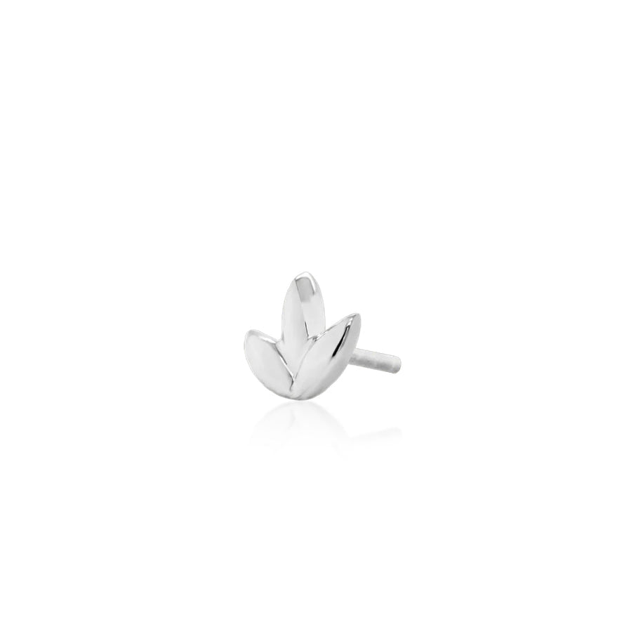 Minimal botanical forward-helix earring with a petite three-leaf white gold design