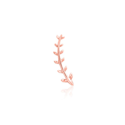 Minimalist botanical earring in solid rose gold with a delicate elongated fern silhouette.