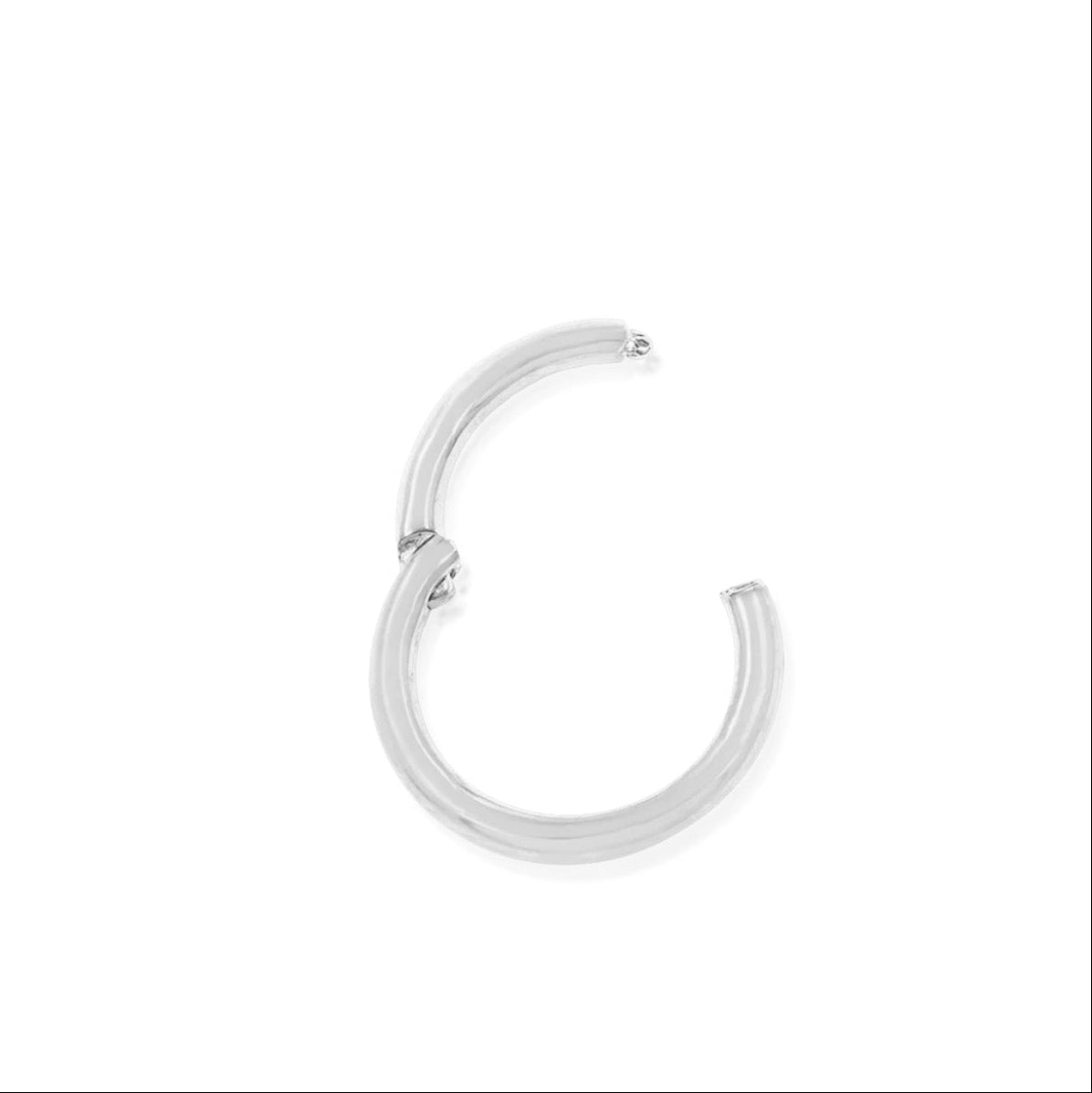 Minimalist cartilage hoop in 14k white gold, featuring the clean profile of the Junipurr Gold Clicker.