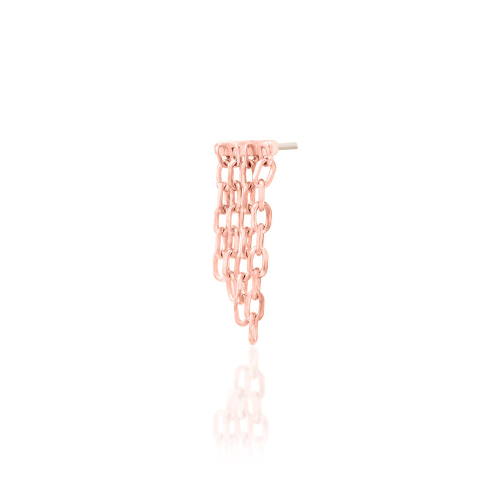 Minimalist dangle earring in solid rose gold with fine chain movement and a clean hidden setting.