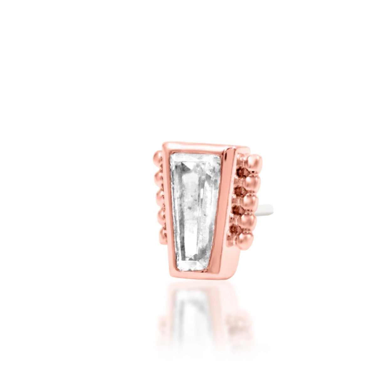 Minimalist ear-stack jewellery in 14k rose gold, adding compact gemstone sparkle and polished texture