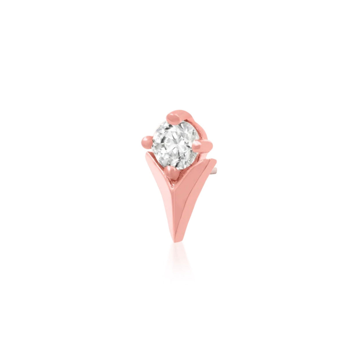 Minimalist gold flower earring in rose gold with a slender tulip shape and single clear gemstone.