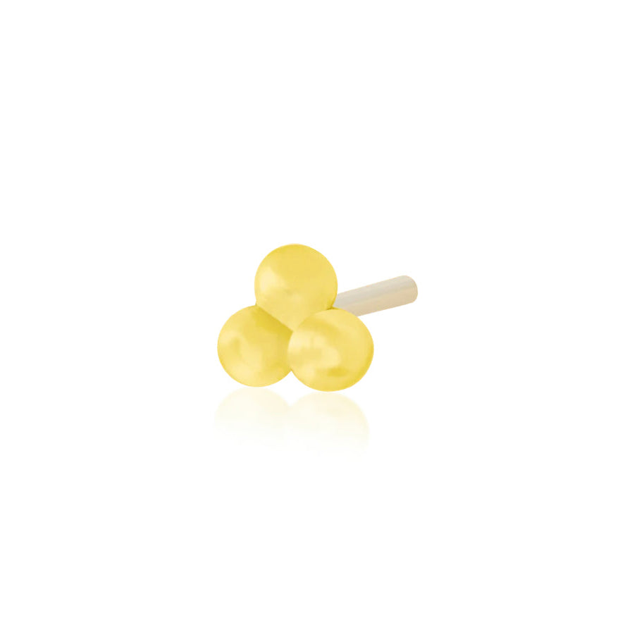 Minimalist yellow gold helix earring formed from three polished gold beads
