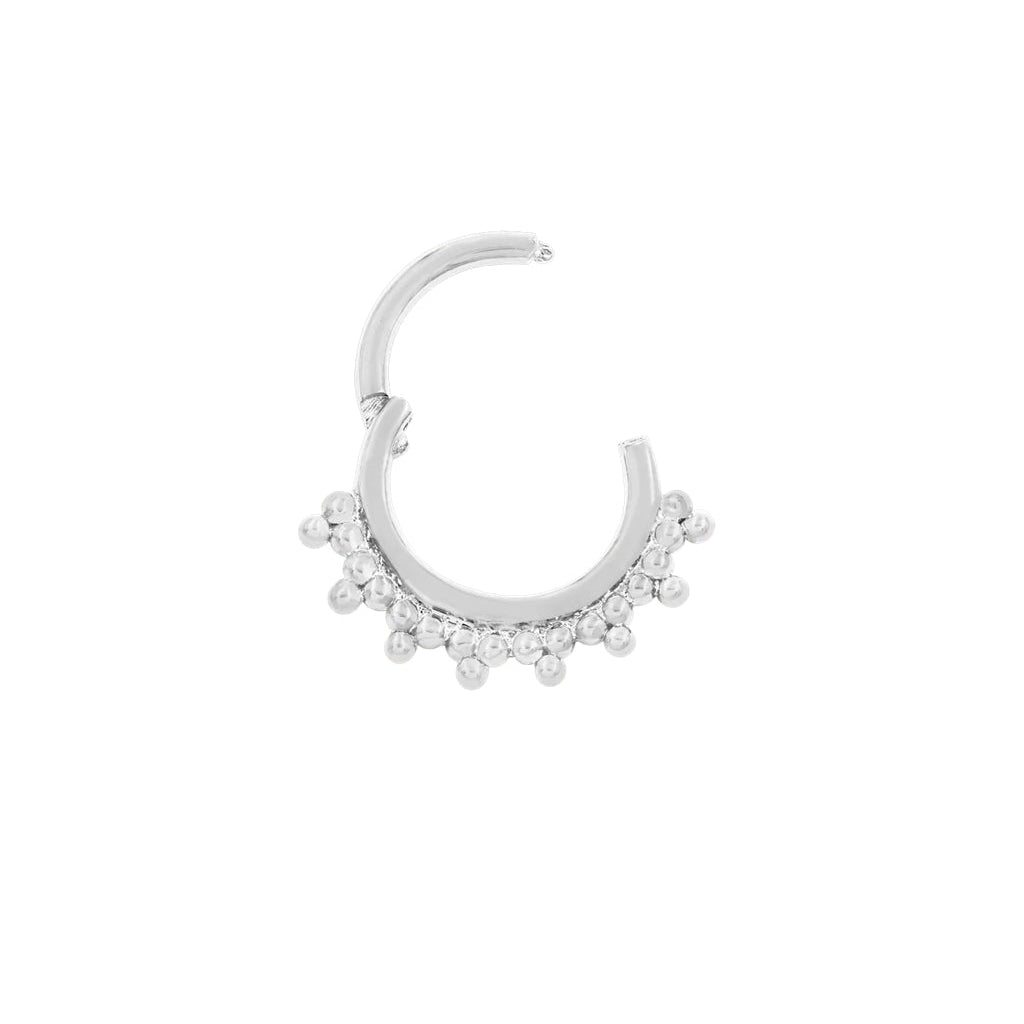 Minimalist gold ring in 14k white gold with evenly spaced decorative beading around the Halo clicker.
