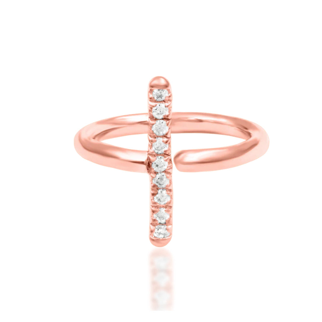 Modern geometric earring in 14k rose gold, featuring Xaven’s straight CZ bar across the circular ring.