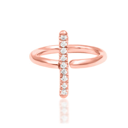 Modern geometric earring in 14k rose gold, featuring Xaven’s straight CZ bar across the circular ring.