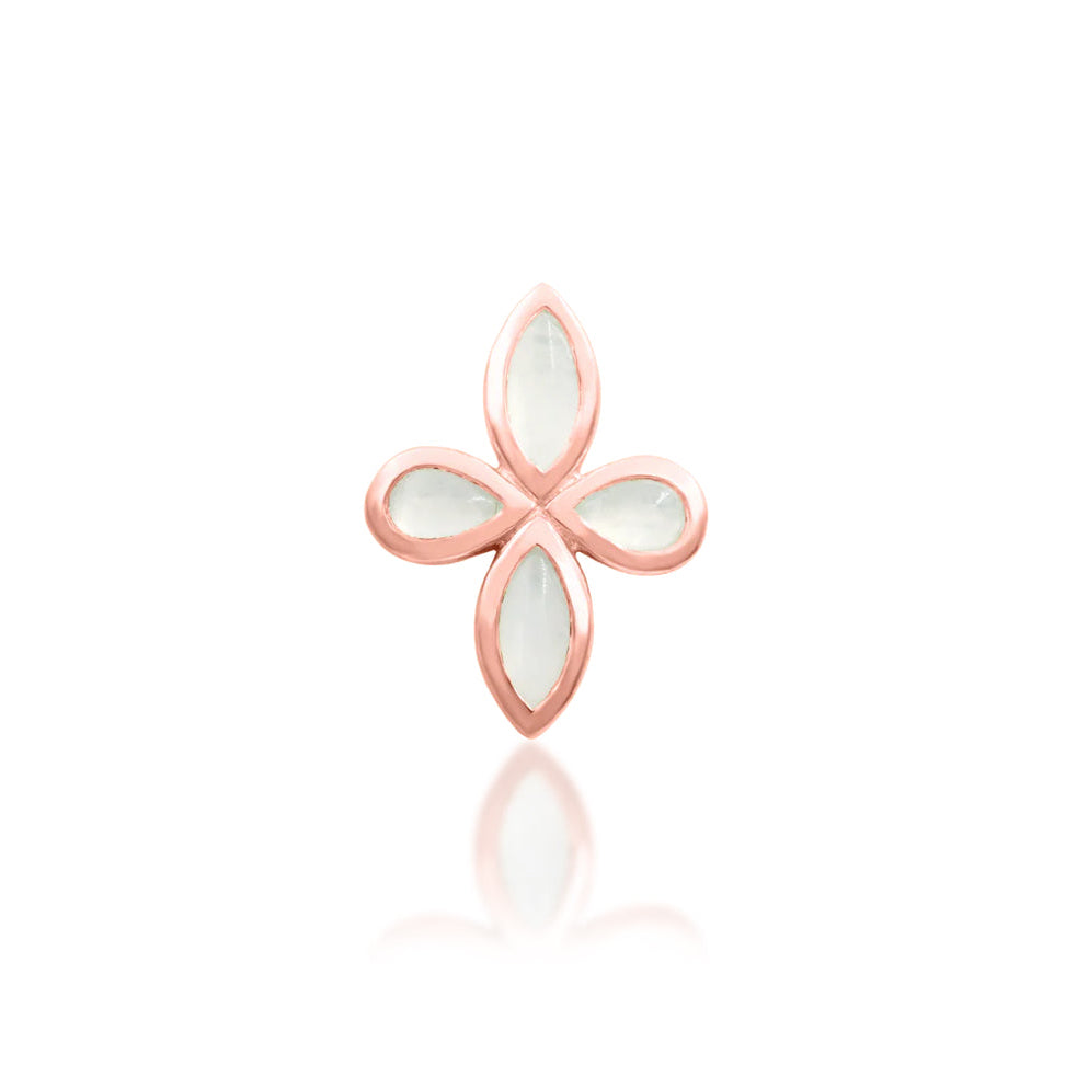 Angled rose gold cartilage earring with four luminous moonstones forming a flower
