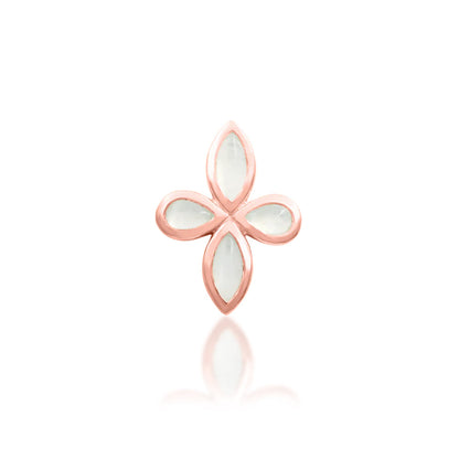 Angled rose gold cartilage earring with four luminous moonstones forming a flower
