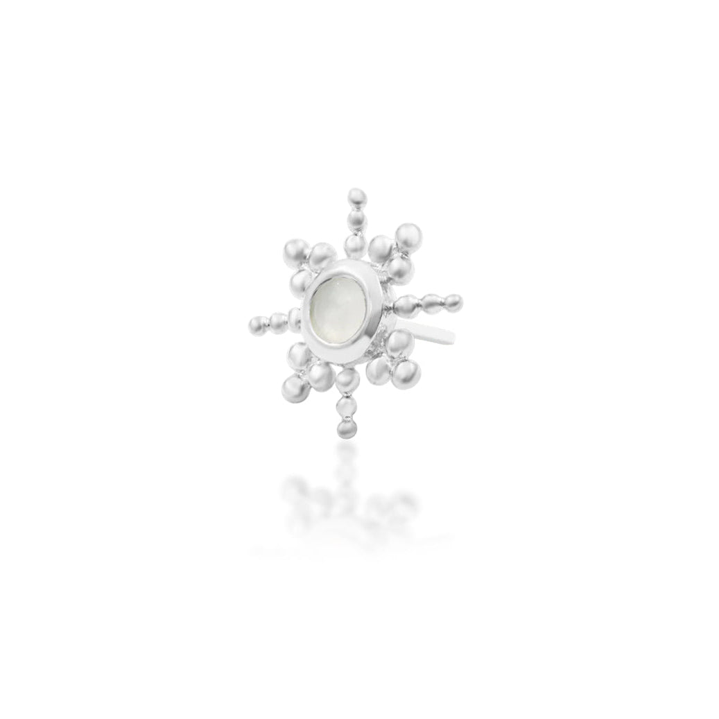 Angled white gold moonstone star earring with fine radiating bead details