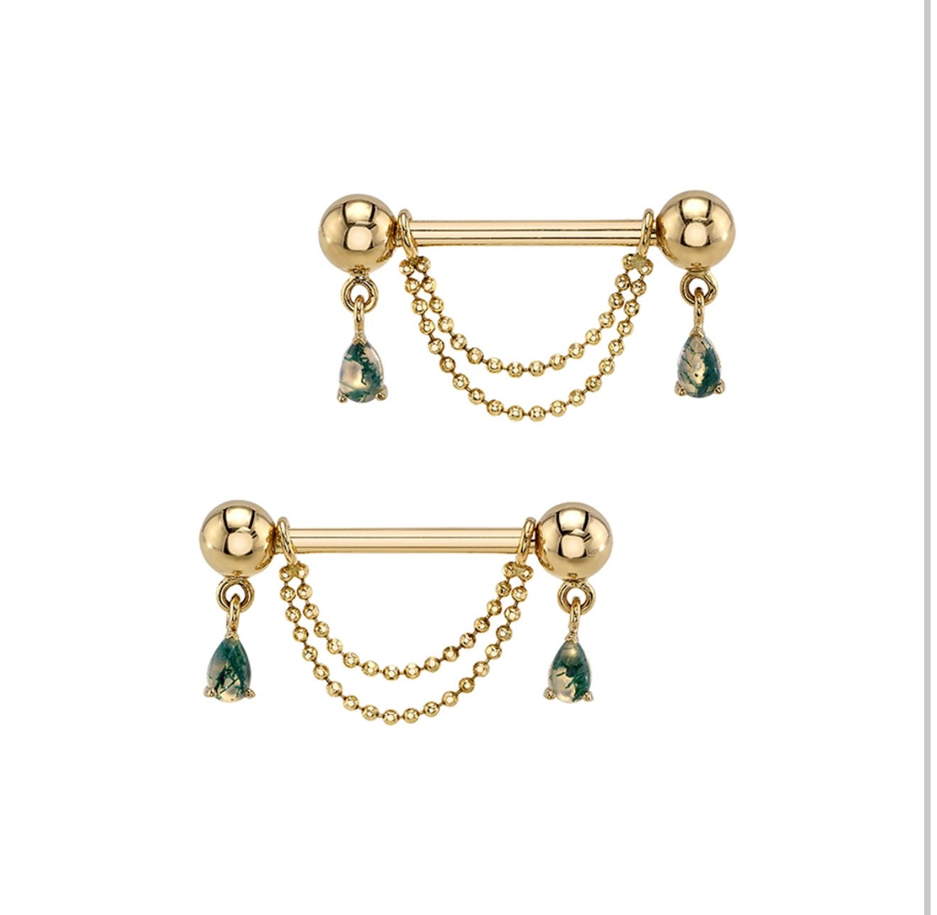 BVLA Antoinette yellow gold nipple barbell with Moss Agate pear cabochons and fine diamond-cut chain