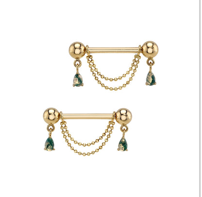 BVLA Antoinette yellow gold nipple barbell with Moss Agate pear cabochons and fine diamond-cut chain