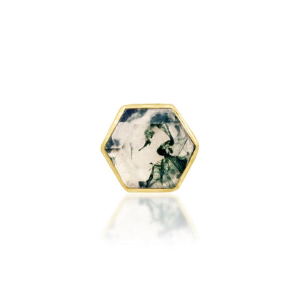 Junipurr Valerie II moss agate helix earring in solid 14k yellow gold with a hexagon-cut gemstone