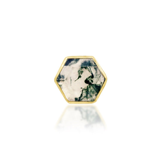 Junipurr Valerie II moss agate helix earring in solid 14k yellow gold with a hexagon-cut gemstone