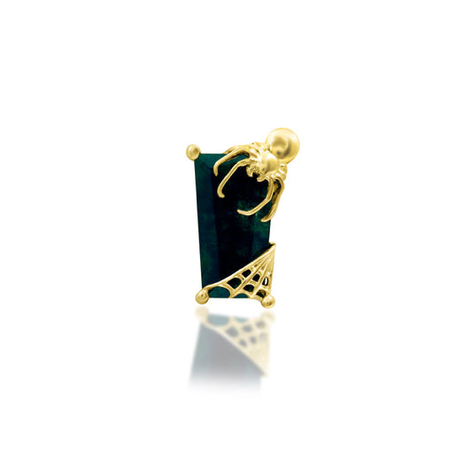 Moss agate spider earring in solid 14k yellow gold, featuring the distinctive Junipurr Carmilla design.