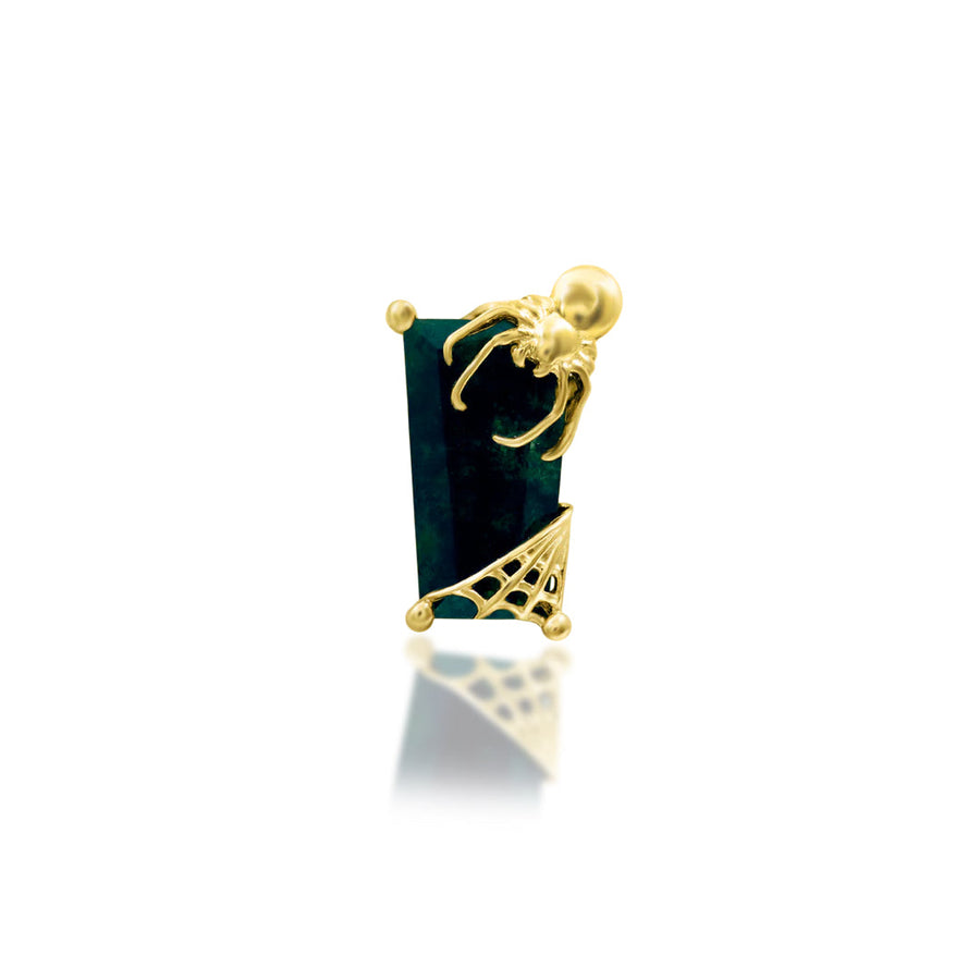 Moss agate spider earring in solid 14k yellow gold, featuring the distinctive Junipurr Carmilla design.