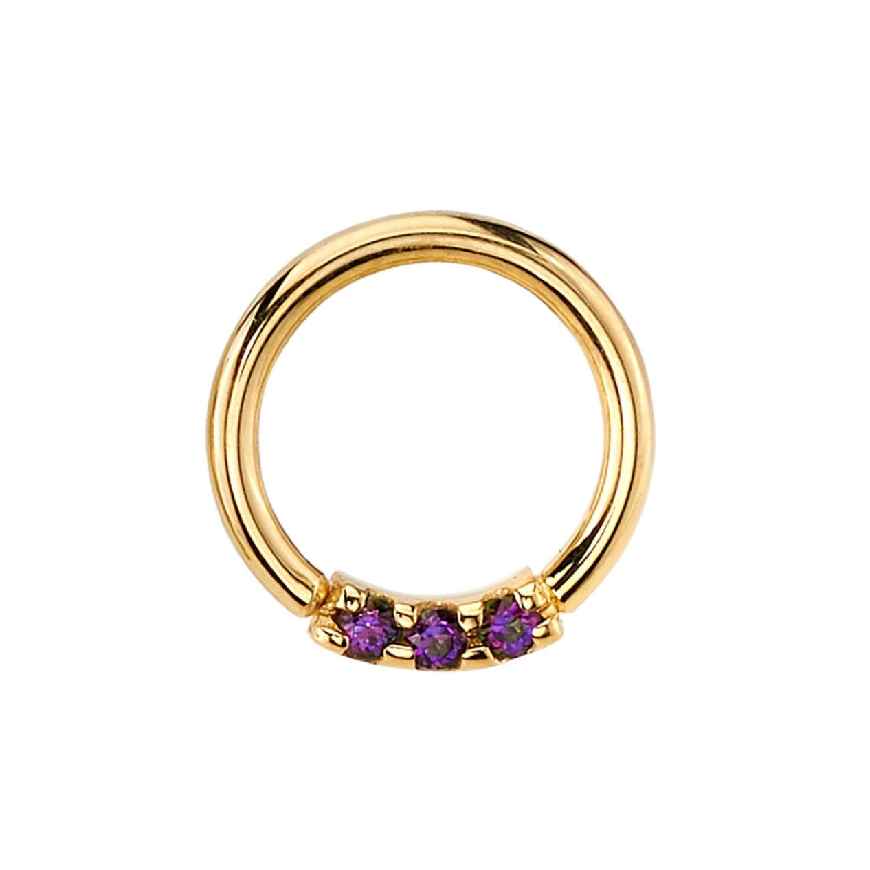 BVLA Blaze 3 gold daith ring with three 1.5mm Mystic Topaz gemstones in a seamless curved design
