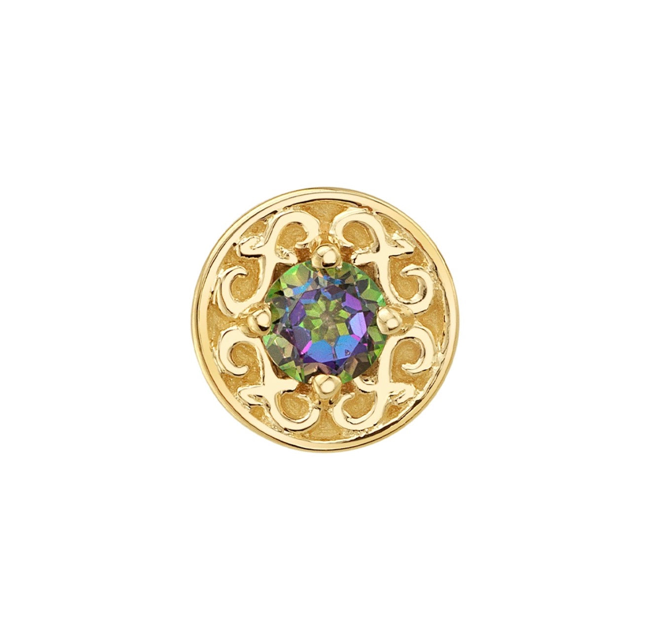 Mystic Topaz helix earring with a round gemstone centre and ornate BVLA Elizabeth gold setting