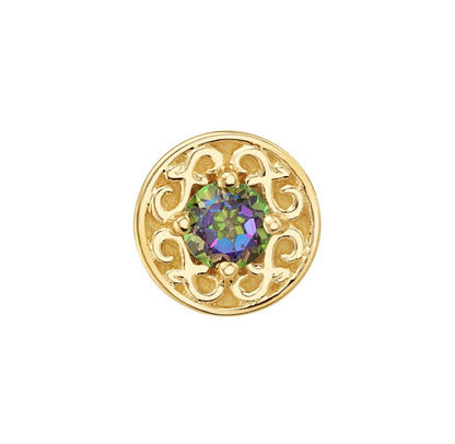 Mystic Topaz helix earring with a round gemstone centre and ornate BVLA Elizabeth gold setting