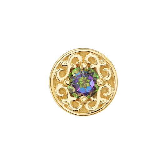 Mystic Topaz helix earring with a round gemstone centre and ornate BVLA Elizabeth gold setting
