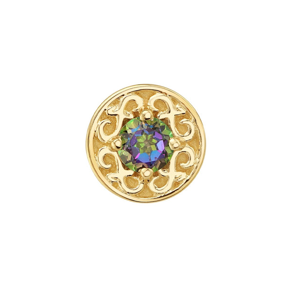 Mystic Topaz helix earring with a round gemstone centre and ornate BVLA Elizabeth gold setting