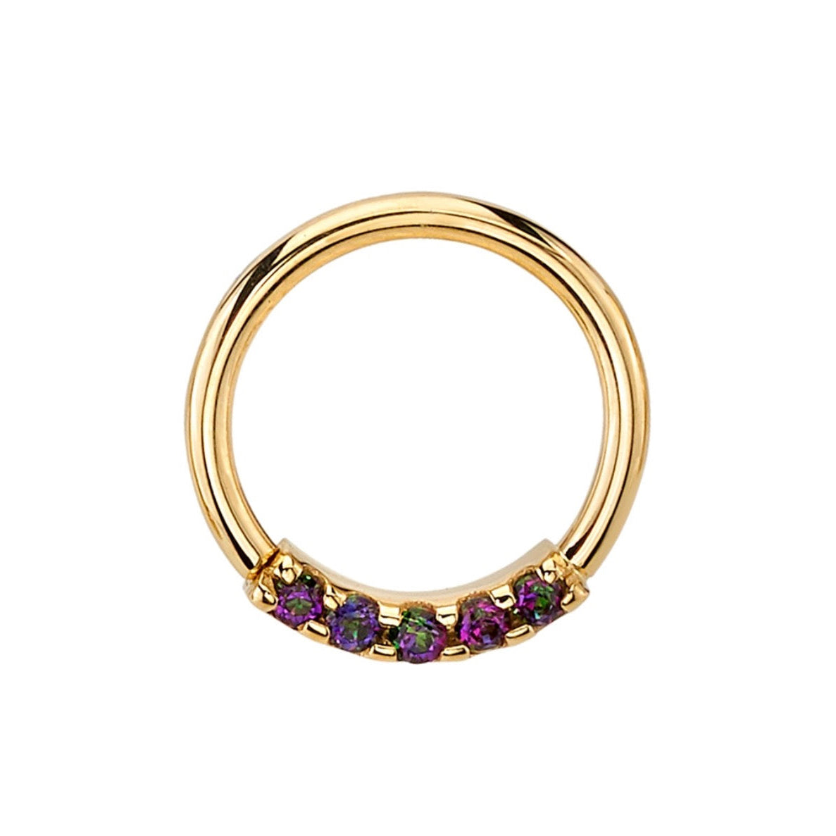 BVLA Blaze 5 gold seam ring with five 1.5mm Mystic Topaz gemstones creating a graceful arc of colour