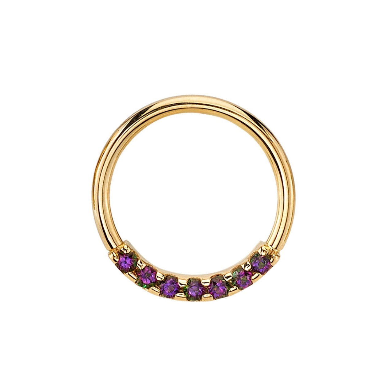 BVLA Blaze 7 gold septum ring with seven 1.5mm Mystic Topaz gemstones in a luxury curved setting