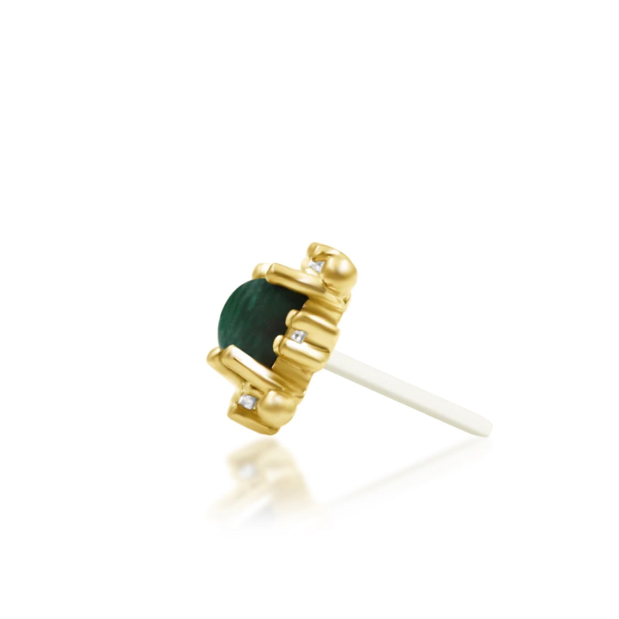 Natural green gemstone earring in solid yellow gold featuring the unique banding of genuine malachite.