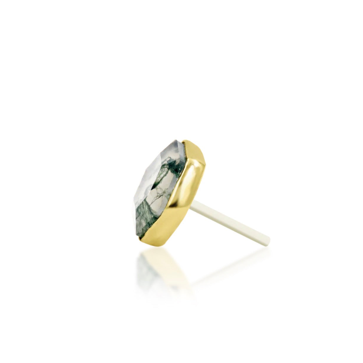 Side profile of a solid yellow gold lobe earring with a framed natural green moss agate stone