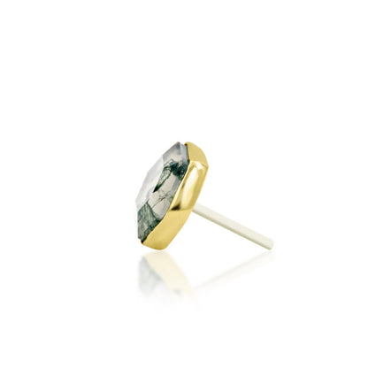 Side profile of a solid yellow gold lobe earring with a framed natural green moss agate stone